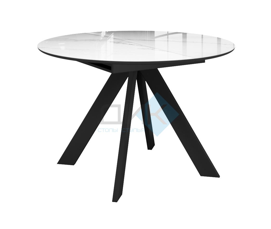 Стол DikLine SFC110 d1100х77  стекло Оптивайт Белый мрамор/подстолье черное/опоры черные
