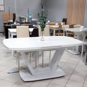 Стол ДИОНИС 3 180(240)х100 стекло белое, мдф белое, каркас Колонна Декор №3+плащ глянец белый